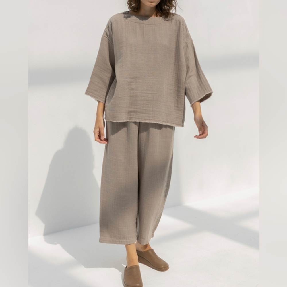 SET New With Tags - Black Crane Boat Neck Top AND Lantern Pants in Light Stone